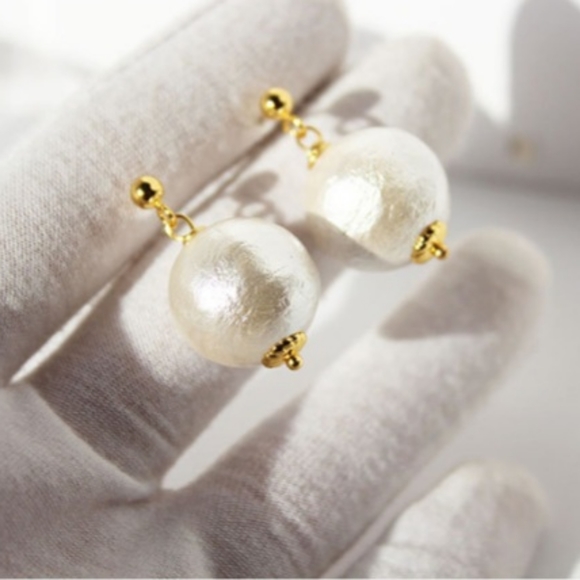 COPY - 18K Gold Filled Cotton Ball Pearl Dangle Earring 925 Sterling Silver Post - Picture 6 of 9